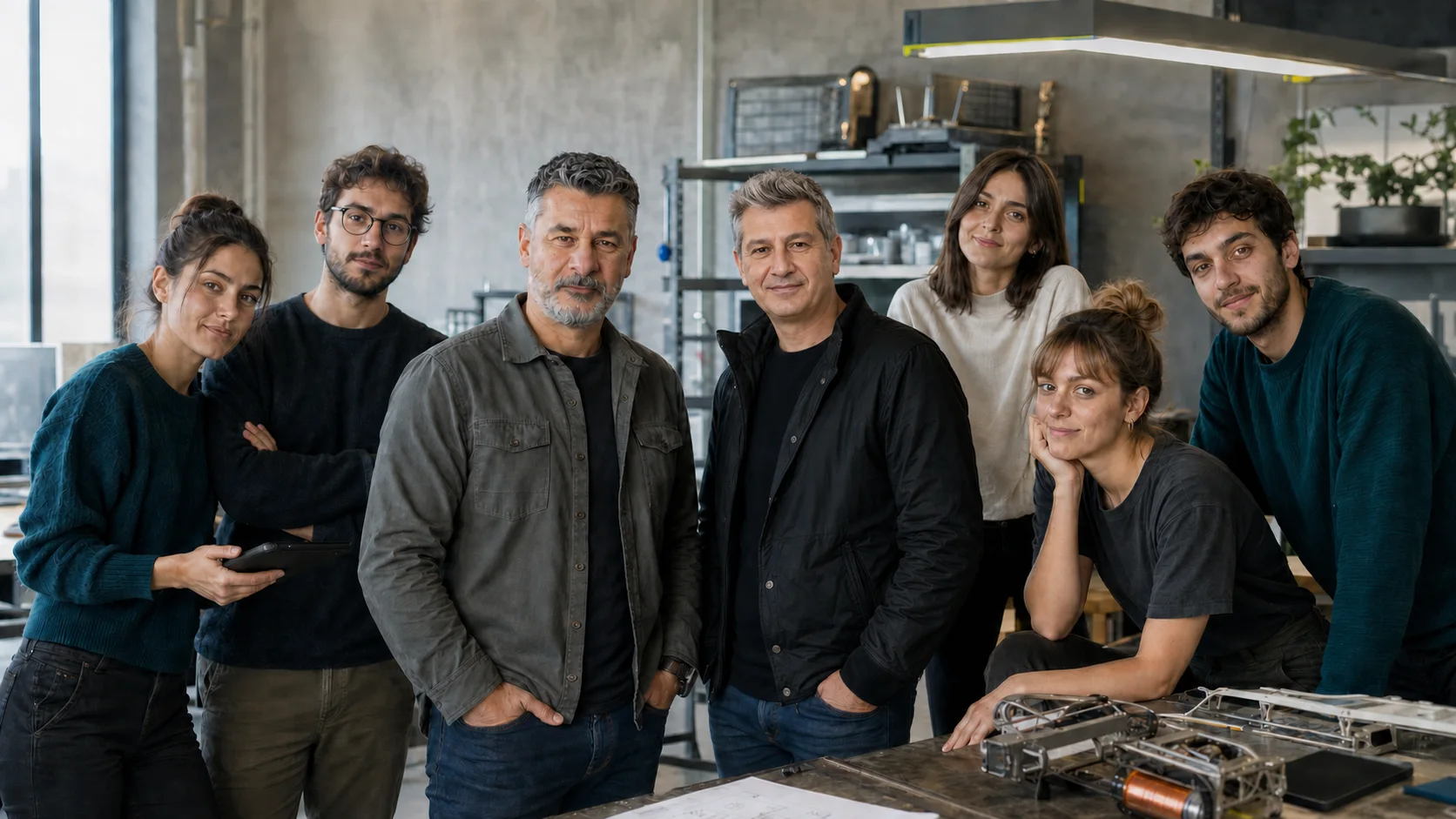 Il team TechGarage: Gianluca Dettori e Antonello Bartiromo con cinque giovani collaboratrici e collaboratori nel Garage